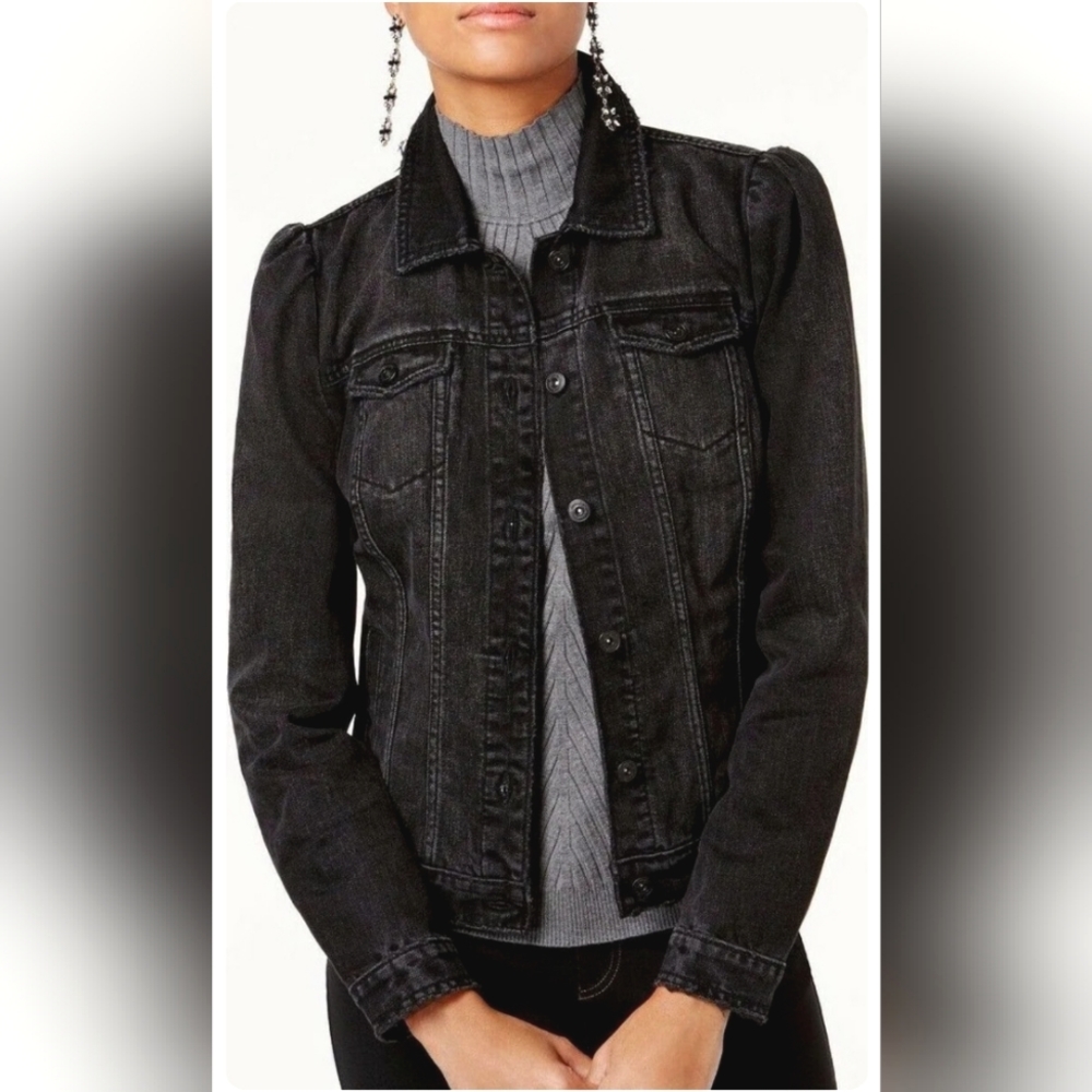 INC International Concepts black puff sleeve denim jacket distressed frayed S